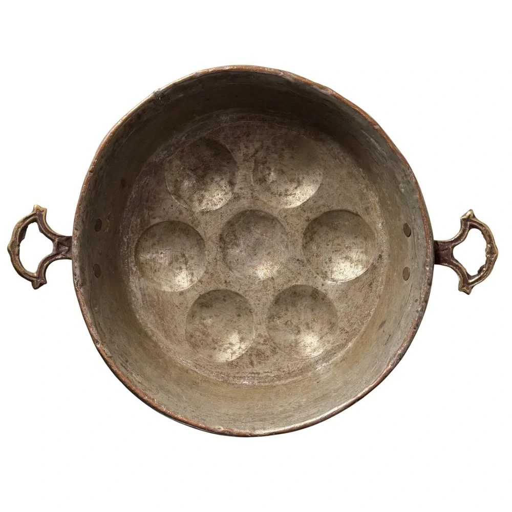 Antique Hammered Copper Egg Poacher Pan Brass Handles 7 Cup Rustic 10 Inch